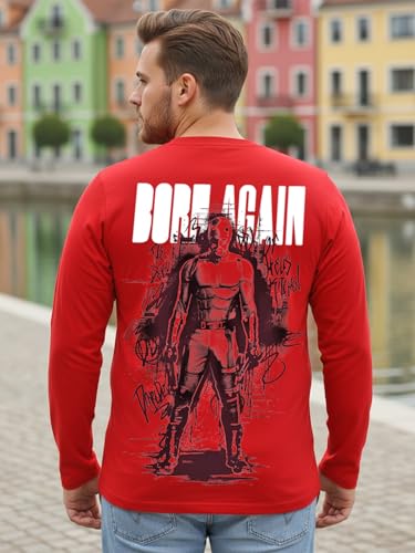 Bewakoof Official Marvel Merchandise Daredevil Men's Graphic Print Regular Fit Full Sleeve Round Neck Cotton Plus Size T-Shirt_694259_Red_3XL