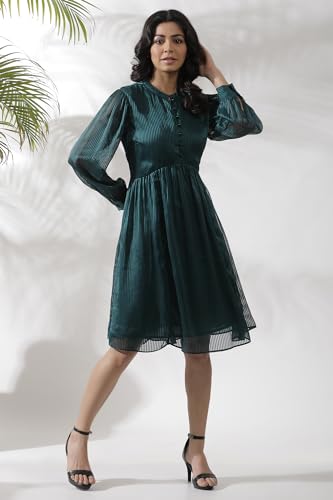 W for Woman Green Striped Print Chiffon Straight Dress_23AUW11362-218046_S