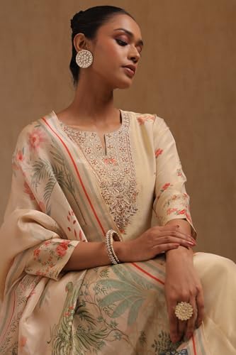 Soch Womens Beige Tissue Floral Print Suit Set With Zari