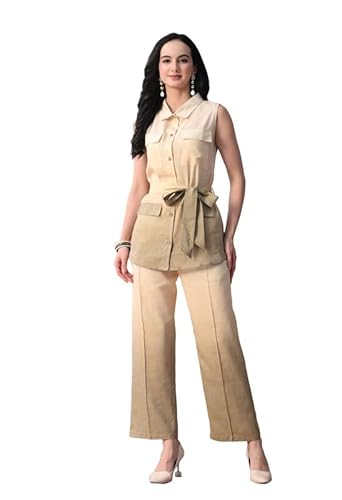 KIZA Women Beige Linen Co-ord Set Sleeveless Tunic Top with Belt & Straight Pants | Breathable Summer Wear Stylish Cord Set | Casual Office Wear Two Piece Outfit for Women