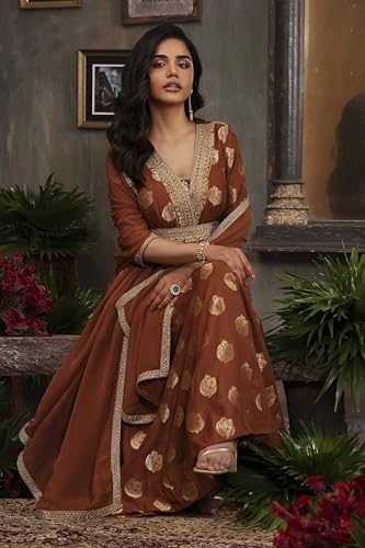 BIBA Women Brown Pure Banarasi Brocade Kalidar Suit Set_38