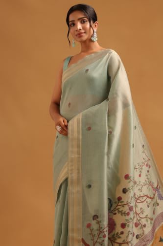 Soch Womens Powder Blue Tissue Botanical Woven Bird Motifs Saree