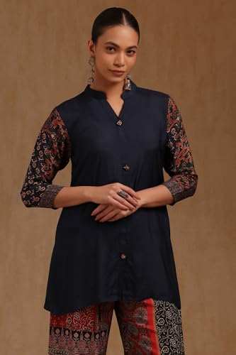 Soch Womens Navy Blue Muslin Solid Co-Ord Set