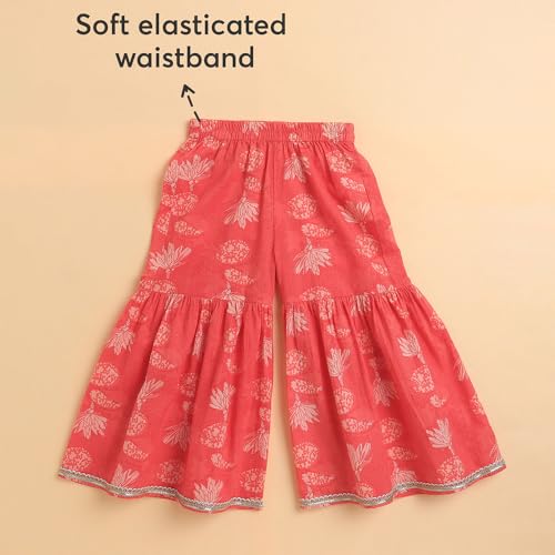 Hopscotch Girls Sleeveless Coral 3-Pc Floral Cotton Kurta Sharara Set For Age (9-10 Years)