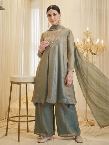 Women's Sage Green Fandy Silk Kurta Palazzo Set With Dupatta