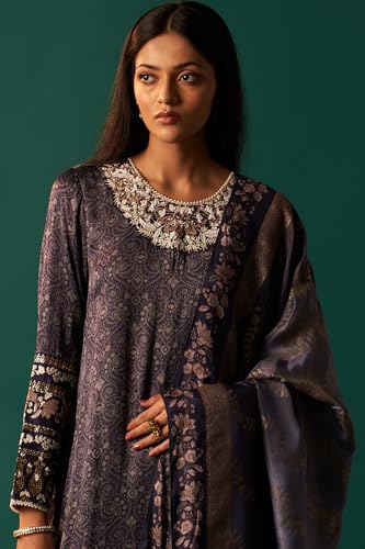 Wishful Women's navy Blue Floral Printed Embroidered Straight Modal Satin Kurta with Parallel Pants and Dupatta Set (SP12624-125649-XS)