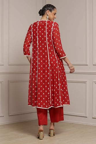 Biba Women Red Chanderi Embroidered Kalidar Suit Set_34
