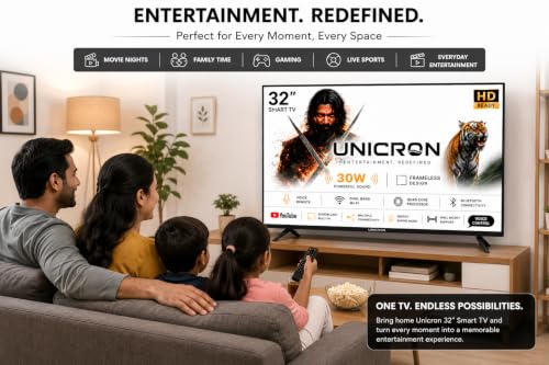 UNICRON 32 Inch Frameless Smart LED TV | Voice Control Android Smart TV | Bluetooth, WiFi, Screen Mirroring | HD Ready Display | HDMI, USB Connectivity | Smart Television for Home, Bedroom