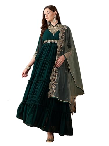 Miss Ethnik Women's Green Faux Georgette Stitched Top With Dupatta Full Sleeve Embroidered Anarkali Gown (MEY-156-Green-XXL)