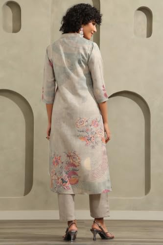 Soch Womens Grey Linen Botanical Printed Kurta Set