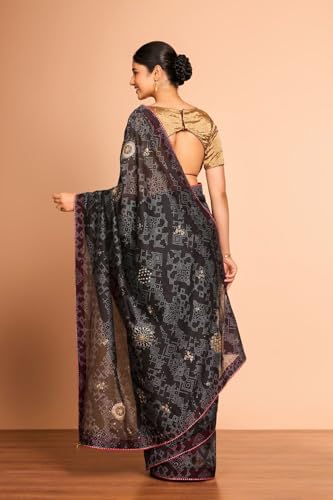 Taneira Women Black Printed Embroidered Pure Silk Cotton Saree with Unstitched Blouse Piece (SAIP03AC2558-Black)