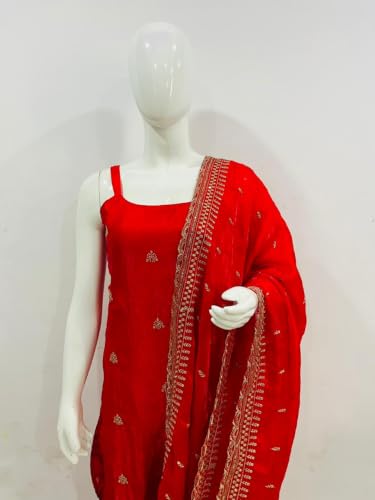 CLOTHRED HVJ Women's Red Satin Embroidered Kurta Set with Dupatta and Palazzo Pants | Festive Ethnic Suit for Women (IN, Alpha, XS, RED)