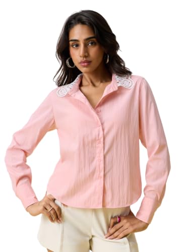 The Souled Store Classic Solids: Salmon Women and Girls Full Sleeves Collared Salmon Solid Cotton Nylon Blend Regular Fit Business Wear Lightweight Casual Shirt