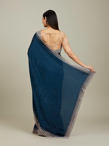 MOHEY Women's Satin Stone Work Saree(Teal Green)