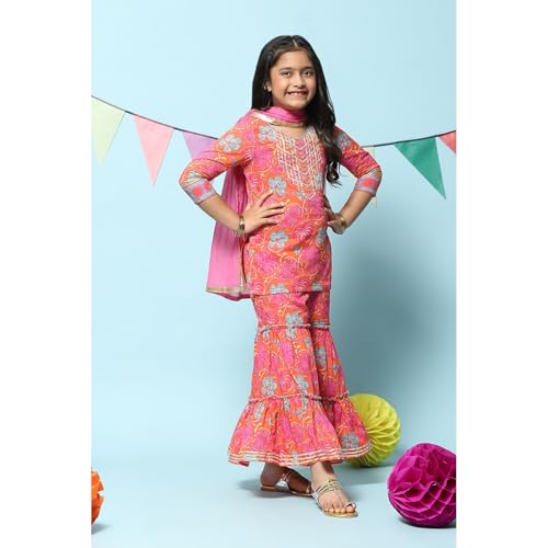 BIBA Girl Cotton Printed Relaxed Kid(Kw4783_Orange_5), Straight Kurta Garara Suit Set