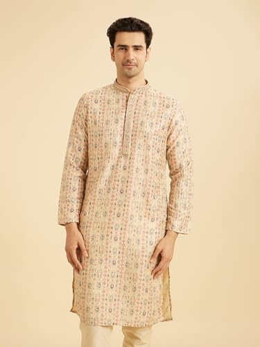 Manyavar Men's Art Silk Printed with Thread Work Kurta Set (Beige,S)