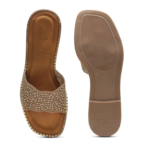 Marc Loire Women Smart Casual Embellished Slip-On Flats Chappals | Open Toe Fashion Sandals with Comfortable Sole (Copper, UK Footwear Size System, Adult, Women, Numeric, Medium, 7)