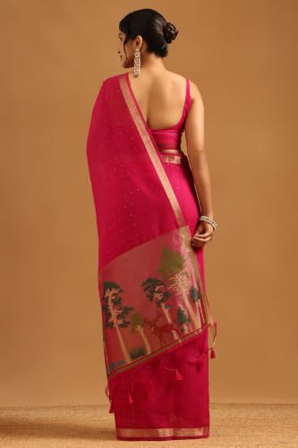 Soch Womens Fuchsia Tissue Weave Woven Design Zari Woven Sequin Detail Saree