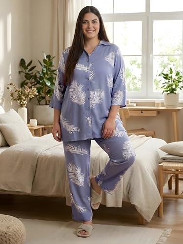 Indietoga Women Plus Size Rayon Shirt and Pyjamas Nightsuit (P50001452_Blue Printed_3XL)