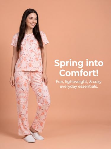Sweet Dreams Women's Adorable Cartoon Bear Pajama Set, Short Sleeve T-Shirt and Long Pyjama Loungewear, All-Over Cute Character Print, Soft & Stretchy Fabric with Pocket, Two-Piece Sleepwear for Home