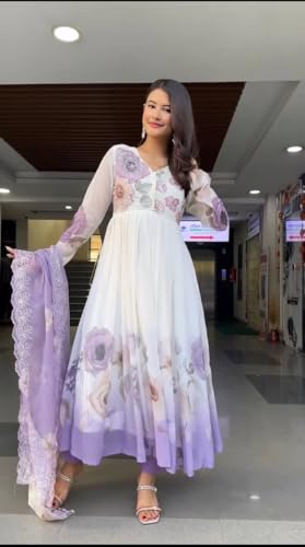 SAMUYA Women’s Fully Stitched Faux Georgette Embroidered Sequence Work Gown – Ready-to-Wear Ethnic Outfit for Parties & Festive Occasions (in, Alpha, XL, Regular) Purple and White