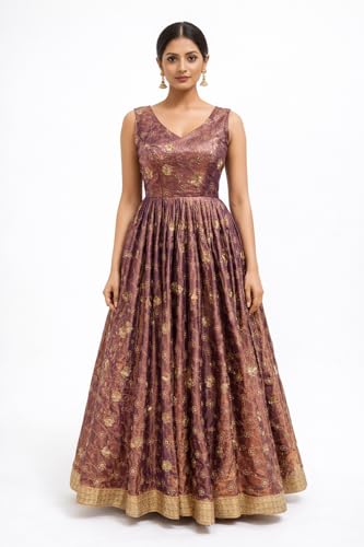 Royal Plum Anarkali A-line Gown with Antique Gold Motifs and Graceful Festive Heritage Charm Ensemble (in, Alpha, S, Regular)