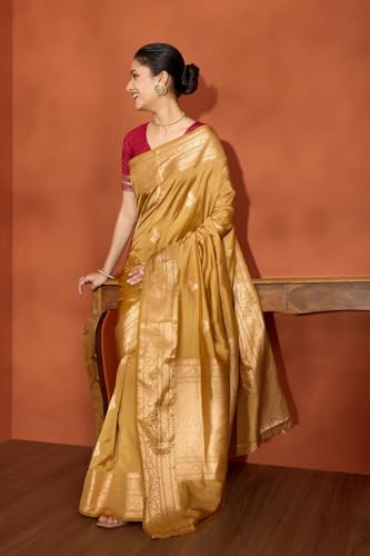 Taneira Women Brown Silk Viscose Kadwa Banaras Inspired Design Saree with Unstitched Blouse Piece (SAPH04AA0478-Brown)