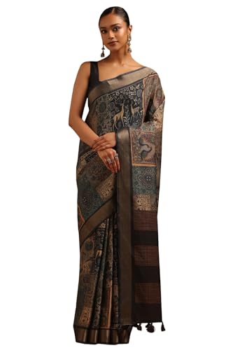 Soch Womens Blue Tussar Botanical Saree