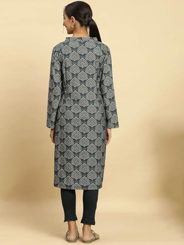 W for Woman Green Printed Winter Kurta with Embroidery (Size: M)-24NOW10359-122962