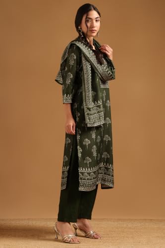 Soch Womens Green Dola Silk Botanical Printed Salwar Suit With Beads And Stones