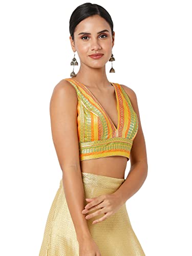 SALWAR STUDIO S Women's Yellow Multi Brocade Self Design Readymade Saree Blouse-SSB4195-YMLT
