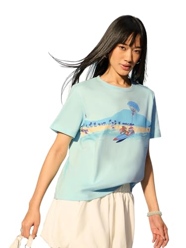 The Souled Store Tom & Jerry Summer Splash : Women and Girls Short Sleeves Round Neck Light Blue Graphic Printed Cotton Relaxed Fit Breathable Soft Texture Everyday Streetwear T-Shirt