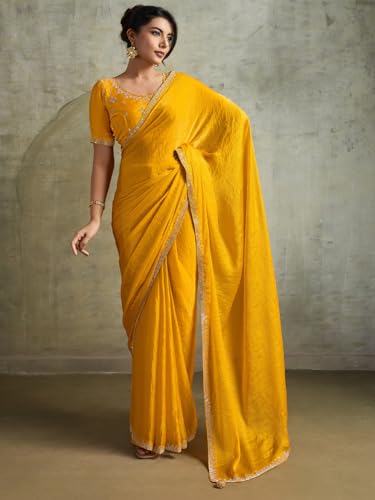 AKHILAM Women's Yellow Chiffon Embellished Saree With Unstitched Blouse Piece (AMELIA13003_SUM)