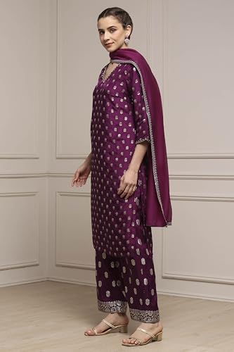 Biba Women Purple Viscose Gathered Yarndyed Suit Set_42
