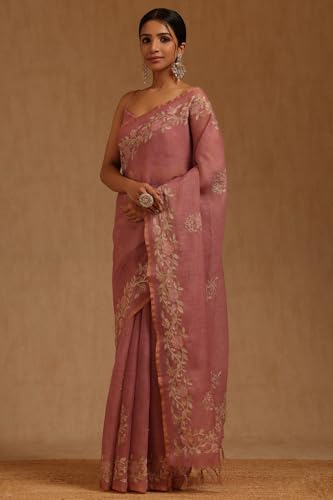 Soch Womens Blush Pink Linen Floral Printed Saree With Zari