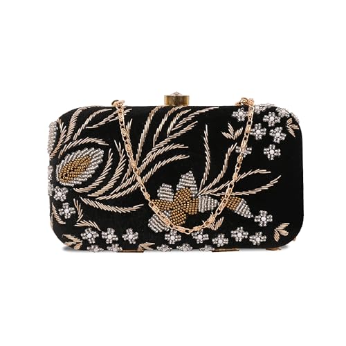 umera black clutch girls and womans party clutch ladies wallet evening bag with round corners work beads and zardozi floral design