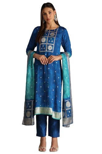 Soch Women's Blue Organza Zari Woven Suit Set With Faux Mirror And Sequins