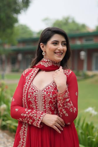 Designer Red Anarkali Gown, Embroidered Georgette Floor Length Dress with Dupatta, Traditional Indian (in, Alpha, M, Regular)