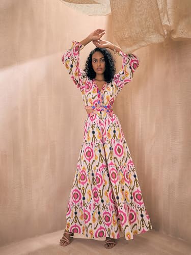 Pink Paprika by Sassafras Women's White Ikat Print Waist Cut-Out Maxi -XS