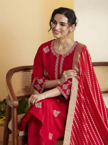 BIBA Poly Viscose Solid Straight Festive Kurta With Palazzo And Dupatta
