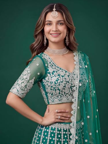 Zeel Clothing Women's Zari Sequins Embroidered Work Soft Net Lehenga Choli With Dupatta (6013-Rama-Womens-Lehenga-Choli-New; Free size)