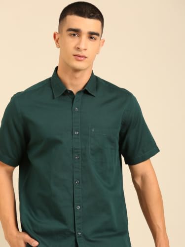 Cavallo by Linen Club Men's Half Sleeve Solid Regular fit Linen-Cotton Casual Shirt Dark Green