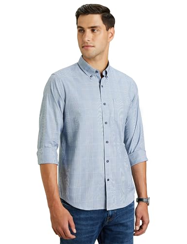 Symbol Premium Men's Stylish Checkered Buttondown Casual Shirt - Regular Fit | Plain | Full Sleeve | Cotton Semi Formal Wear (Available in Plus Size) (SP-M-S24-CS-105_Denim Blue_5XL)