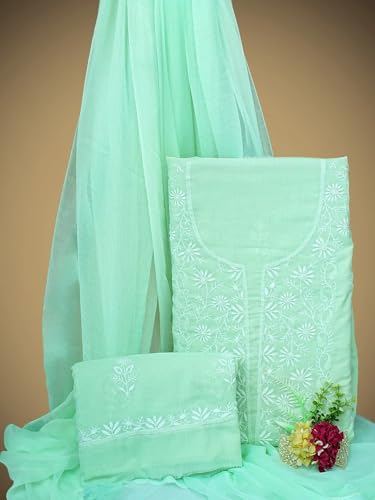 Ada Hand Embroidered Lucknowi Chikankari Unstitched Chanderi Dress Material Suit Piece with Dupatta for Women 01A773781 Celadon Green