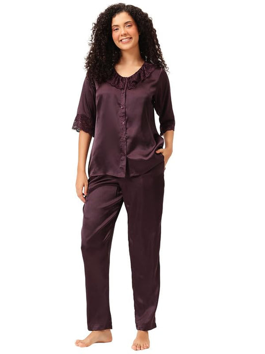 Clovia Women's Satin Button Down Top & Pyjama Set (LS5744G15_Purple_L)