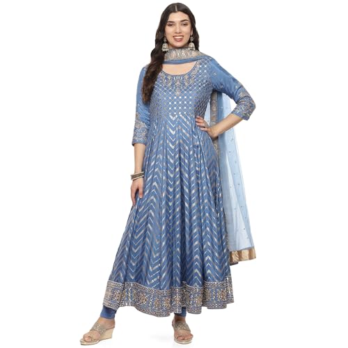 BIBA WOMEN YARNDYED ANARKALI SALWAR KURTA DUPATTA(SKDBANARASI8968_POWDER BLUE_38)