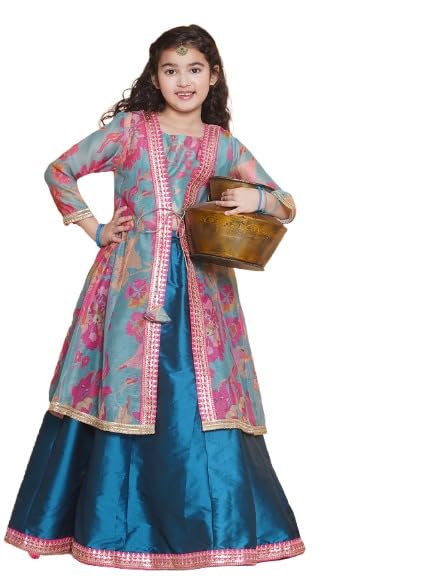 Bitiya by Bhama Girls Blue Floral Printededed Ready to Wear Lehenga & Blouse with Shrug