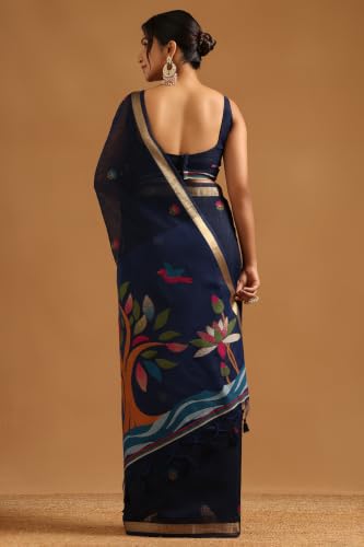 Soch Womens Navy Blue Organza Woven Design Saree