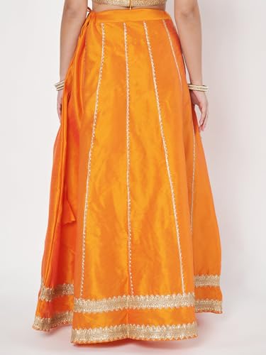 studio rasa Women's Dupion Kalidaar Embellished Bias Skirt for Festive Wedding Party (SKTC62413L_Orange_Large)
