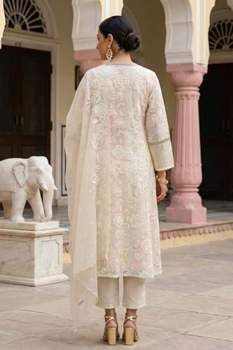 Wishful Women’s Powder Yellow Sequins Embroidered Straight Georgette Kurta with Straight Pants and Dupatta Set - (SP13602-400512-S)